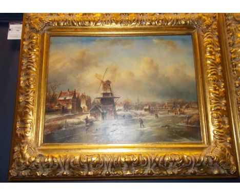 PAIR OF DUTCH WINTER SCENES
both of skaters on lakes and rivers, oil on panel, in a gilt frame, image 30cm high x 40cm long
C