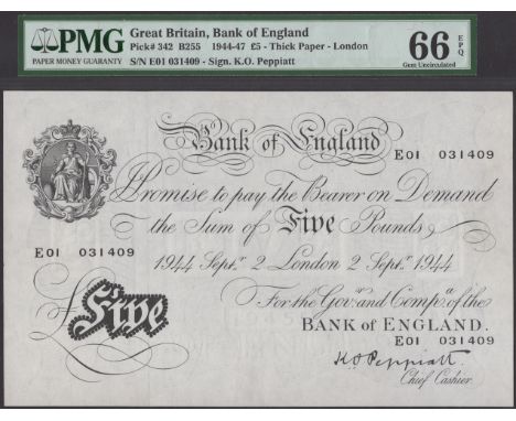 Bank of England, Kenneth O. Peppiatt, £5, 23 September 1944, serial number E01 031409, in PMG holder 66 EPQ, gem uncirculated