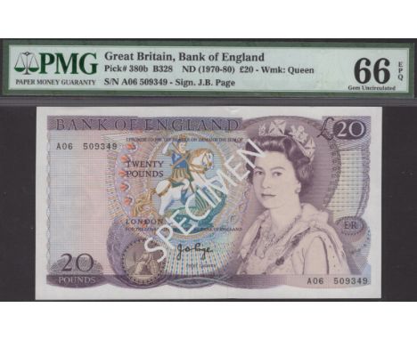 Bank of England, John B. Page, £20, 1970, serial number A06 509349, in PMG holder 66 EPQ, gem uncirculated, a rare first pref