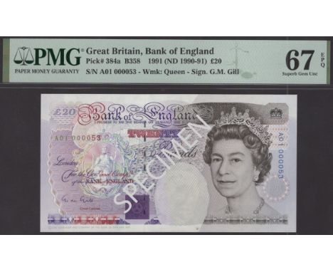 Bank of England, George M. Gill, £20, 5 June 1991, serial number A01 000053, in PMG holder 67 EPQ, superb gem uncirculated, a