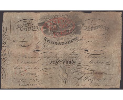 Renfrewshire Banking Company, £5, c.1833, serial number 1/55, with red ‘Ranked’ stamp at upper centre, three manuscript signa