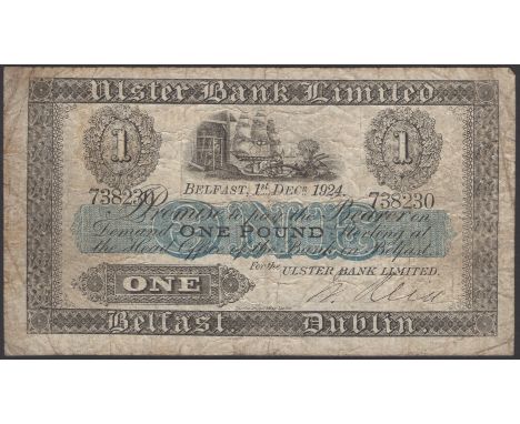 Ulster Bank Limited, £1, 1 December 1924, serial number 738230, manuscript Reid signature, about fine PMI UB 39, Pick 388a £8