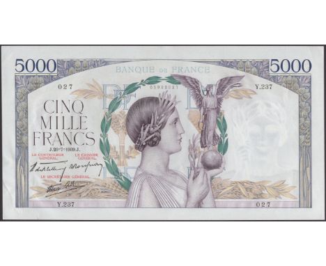 Banque de France, 50 Francs, 6 August 1931, serial number B.8706322, 1000 Francs, 28 July 1938, serial number H.3660479, 5000