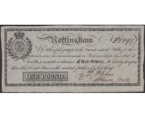 Nottingham, a superbly engraved note advertising the services of the hairdressing establishment of J. Etches, denominated £1,