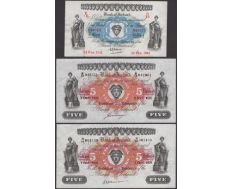 Bank of Ireland, £1, 23 February 1942, serial number B/18 843674, Adams signature, also £5 (2), 2 December 1940 and 1 October