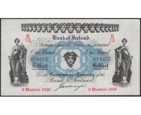 Bank of Ireland, £1, 9 March 1936, serial number B/13 878475, Frazer Signature, lightly pressed but a lovely and clean exampl