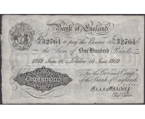 Bank of England, Ernest M. Harvey, £100, London, 16 June 1919, serial number 18/O 32761, small nick in lower margin, a presen