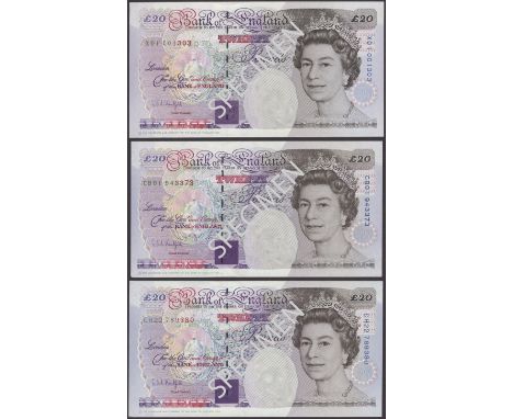 Bank of England, Graham E. A. Kentfield, £20 (3), 27 September 1993, serial numbers X01 001303, CB01 943373 and CH22 789380, 
