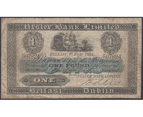 Ulster Bank Limited, £1, 1 February 1924, serial number 507824, manuscript Reid signature, original about fine PMI UB 39, Pic