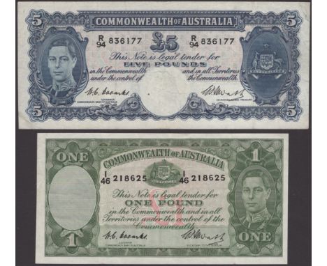 Commonwealth of Australia, £1 and £5, ND (1941), serial numbers I/46 218625 and R/94 836177, Coombs and Watt signatures, firs