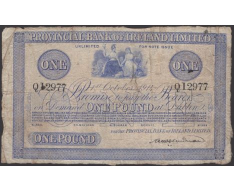 Provincial Bank of Ireland Ltd, £1, 1 October 1914, serial number Q12977, manuscript signature, about fine and an attractive 
