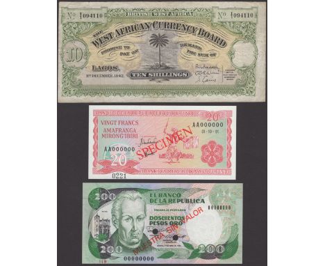A Small Group of Better Items, comprising British West Africa, 10 Shillings, 1942, Burundi, specimen 20 Francs, 1991, Malawi,