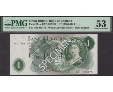 Bank of England, Leslie K. O’Brien, £1, 17 March 1960, serial number A01 259178, in PMG holder 53, about uncirculated, a scar