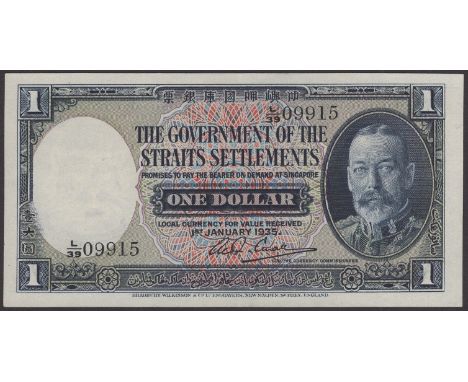Government of the Straits Settlements, $1, 1 January 1935, serial number L/39 09915, Alexander Small signature, one light fol