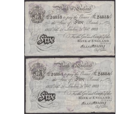 Bank of England, Ernest M. Harvey, a £5 (2), London, 21 February 1923, serial numbers 167/D 24813 and 167/D 24884, the first 