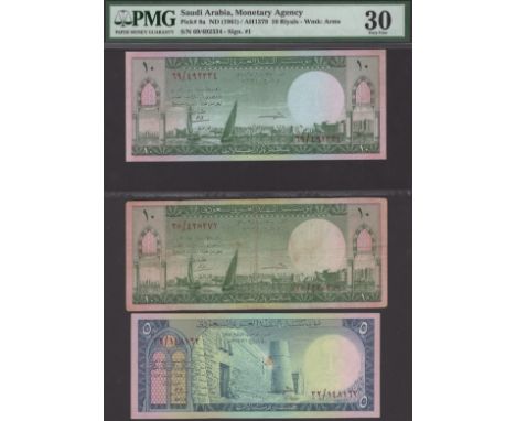 Saudi Arabian Monetary Agency, 5 Riyals, AH1379 (1961), serial number 32/148162, also 10 Riyals (2), AH1379 (1961), serial nu