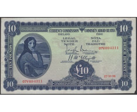 Currency Commission, £10, 27 October 1938, serial number 07V 094311, Brennan and McElligott signatures, low right corner tip 