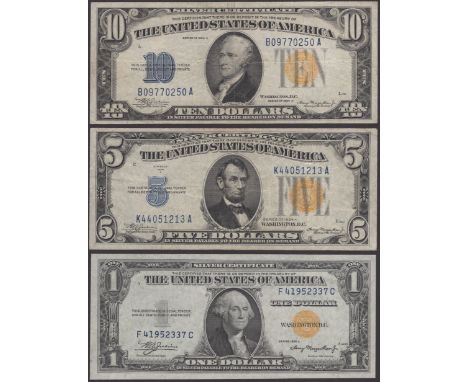 United States Silver Certificates, $1, $5 and $10, Armed Forces issue, 1935/35A, serial numbers F41952337C, K44051213A and B0