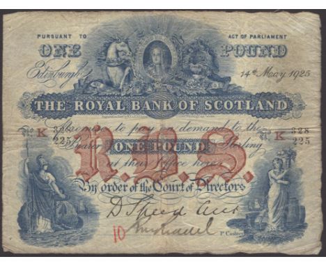 Royal Bank of Scotland, £1, 14 May 1926, serial number K 328 225, Speed and one additional manuscript signature, very good  P