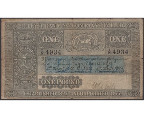 Belfast Banking Company Limited, £1, 4 August 1914, serial number I/N. 4934, heavy folds with some splits and small holes whe