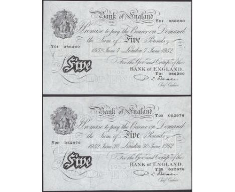 Bank of England, Percival S. Beale, £5 (2), 7 June 1952, serial number Y01 086200 and 30 June 1952, serial number Y20 052976,