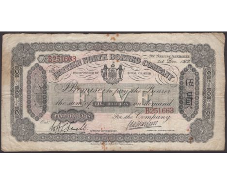 British North Borneo Company, $5, 1 December 1922, serial number B251663, Smelt and Dunn signatures, a few small foxing spots