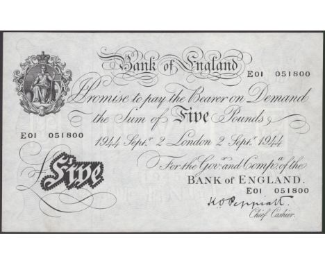 Bank of England, Kenneth O. Peppiatt, £5, 2 September 1944, serial number E01 051800, extremely fine, a very scarce first pre