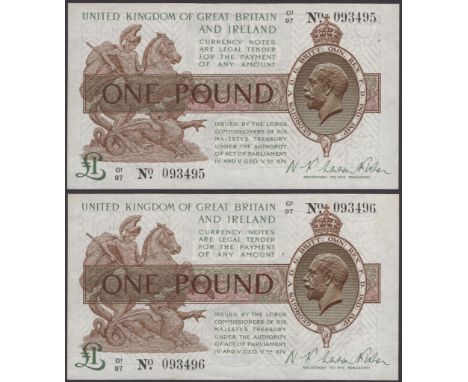 Treasury Series, Warren Fisher, £1 (2), 26 February 1926, consecutive serial numbers G1/97 093495-96, a few light bends, good