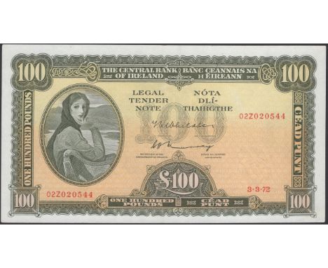 Central Bank of Ireland, £100, 3 March 1972, serial number 02Z 020544, Whitaker and Murray signatures, evidence of light graf