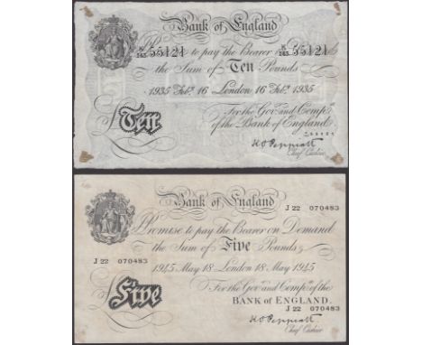 Bank of England, Kenneth O. Peppiatt, £10, London, 16 February 1935, serial number K/143 55121, also £5, 18 May 1945, prefix 
