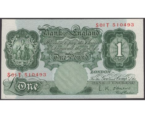 Bank of England, Leslie K. O’Brien, replacement £1, 21 November 1955, serial number S01T 510493, lightly pressed, one corner 