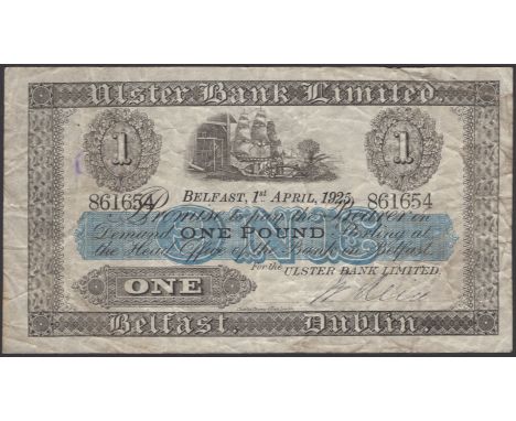 Ulster Bank Limited, £1, 1 April 1925, serial number 861654, manuscript Reid signature, minor graffiti on reverse, one pair o