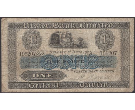 Ulster Bank Limited, £1, 1 December 1921, serial number 106207, manuscript Reid signature, original very good to about fine, 