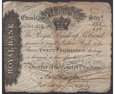 Royal Bank of Scotland, 20 Shillings or £1, 8 November 1824, serial number V868/686, two manuscript signatures, considerable 