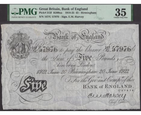 Bank of England, Ernest M. Harvey, £5, Birmingham, 20 June 1922, serial number 167/U 57976, in PMG holder 35, choice very fin