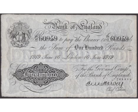 Bank of England, Ernest M. Harvey, £100, London, 16 June 1919, serial number 18/O 60959, about very fine, nice and clean and 