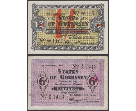 States of Guernsey, 6 Pence, 1 January 1943, serial number A/K 1413 and 1 Shilling, 1 January 1943, serial number W1163, orig
