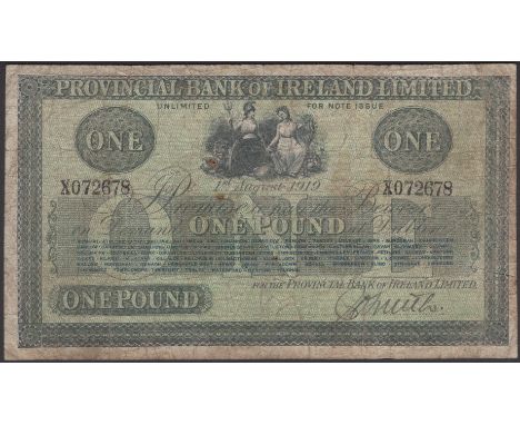 Provincial Bank of Ireland Ltd, £1, 1 August 1919, serial number X072678, manuscript Smith signature, handstamp on reverse, p