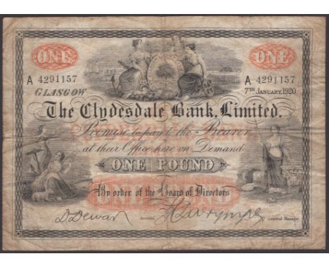 Clydesdale Bank Limited, £1, 7 January 1920, serial number A4291157, Dewar signature and an additional manuscript signature, 
