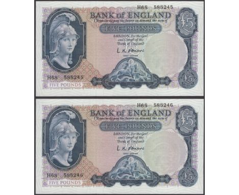 Bank of England, Leslie K. O’Brien, £5 (2), 12 July 1961, consecutive serial numbers H68 588245-46, uncirculated (2 notes) EP