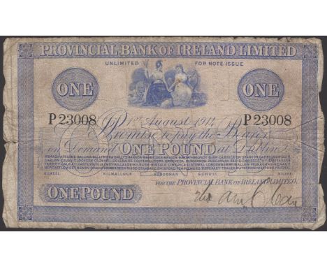 Provincial Bank of Ireland Ltd, £1, 1 August 1914, serial number P23008, manuscript signature, very good to about fine and sc