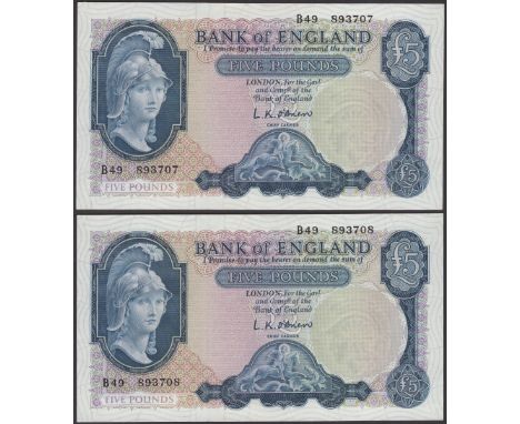 Bank of England, Leslie K. O’Brien, £5 (2), 21 February 1957, consecutive serial numbers B49 893707-08, uncirculated, a scarc