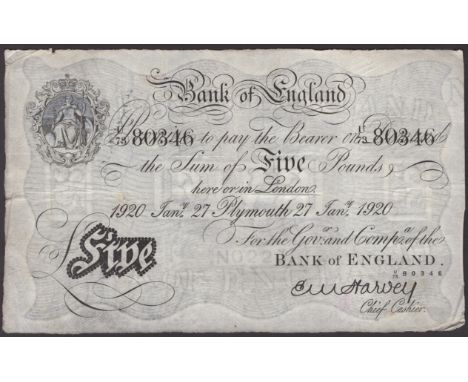 Bank of England, Ernest M. Harvey, £5, Plymouth, 27 January 1920, serial number U/73 80346, black ink annotation and handstam