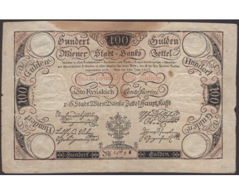 Wiener Stadt Banco, Austria, 100 Gulden, 1 June 1806, manuscript serial number 1569, the city arms of Vienna low centre, prin