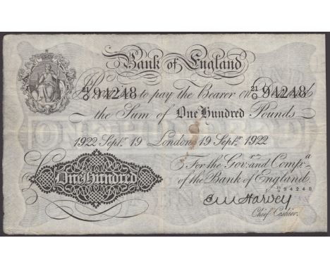 Bank of England, Ernest M. Harvey, £100, London, 19 September 1922, serial number 21/O 94248, foreign substance on obverse, r
