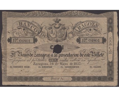 Banco de Zaragoza, Spain, 100 Reales Vellon, 14 May 1857, serial number 04801, four manuscript signatures, one cancellation h