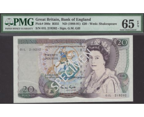 Bank of England, George M. Gill, £20, 1 March 1988, serial number 01L 219202, in PMG holder 65 EPQ, gem uncirculated, a scarc