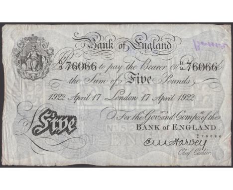 Bank of England, Ernest M. Harvey, £5, London, 17 April 1922, serial number D/9 76066,  purple graffiti on reverse, very fine