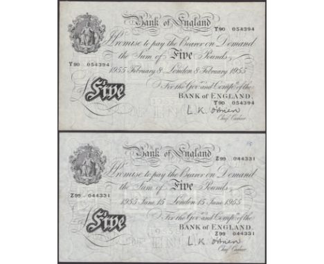 Bank of England, Leslie K. O’Brien, £5 (2), 8 February 1955 and 15 June 1955, serial numbers Y90 054394 and Z99 044331, very 