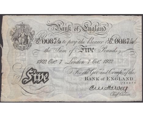 Bank of England, Ernest M. Harvey, £5, London, 7 October 1922, serial number 115/D 00875, ink numeral on reverse, very fine  